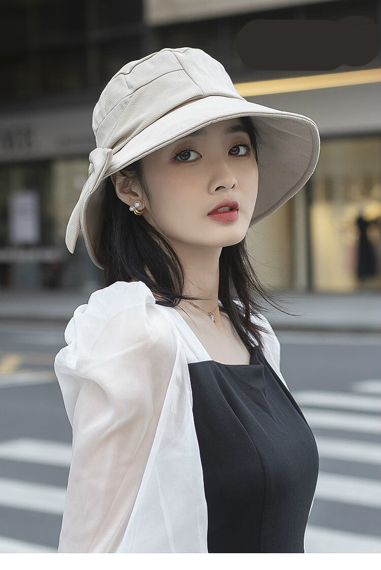 防晒帽女防外线遮阳遮脸洋气时尚太阳帽子夏季大帽檐户外渔夫帽米色可