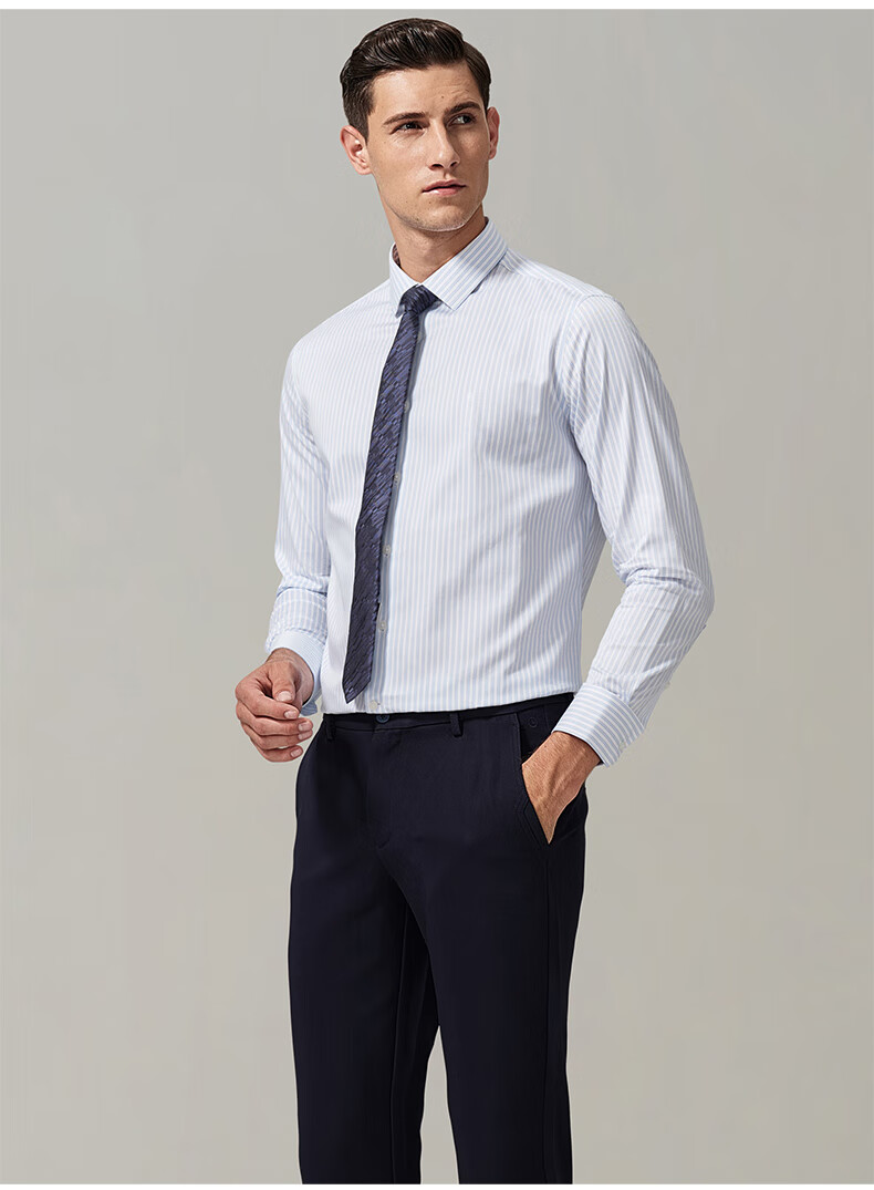 金利来秋冬男士舒适纯棉时尚单色条纹修身版长袖衬衫【惠】【qc】 25