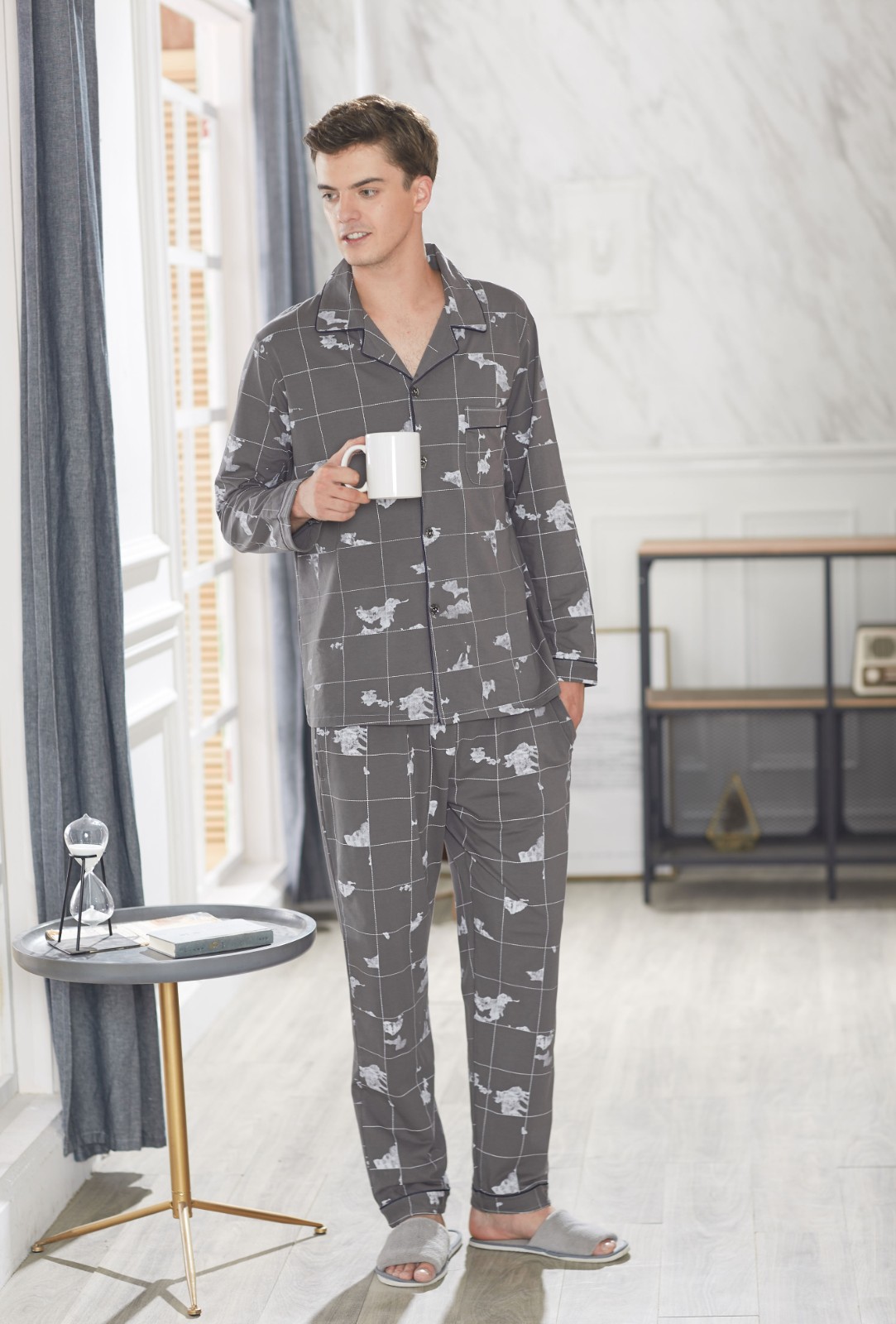 南极人男士睡衣男春夏秋长袖开衫套装新品家居服简约休闲时尚宽松加肥