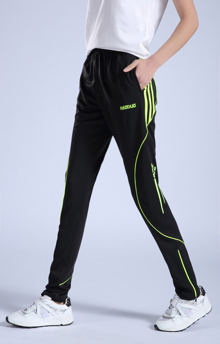 跑步运动裤女透气足球训练裤足球裤长裤收小腿口袋有拉链运动裤黑白