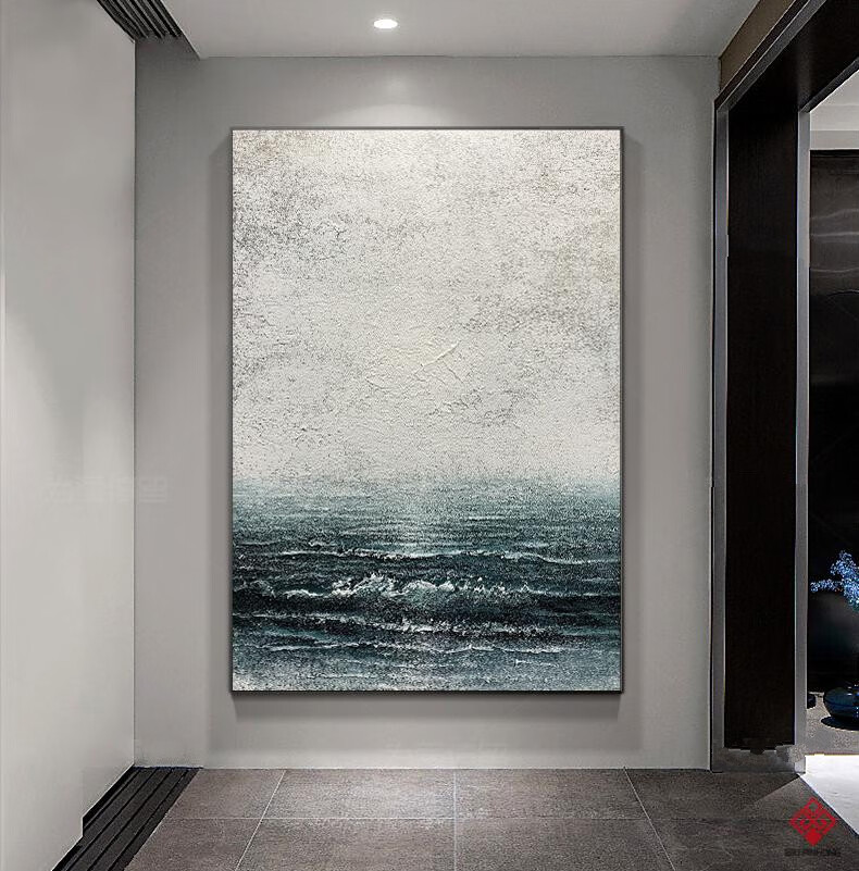 纯手绘油画抽象大海装饰画轻奢冷色系后现代挂画金箔壁画艺术设计