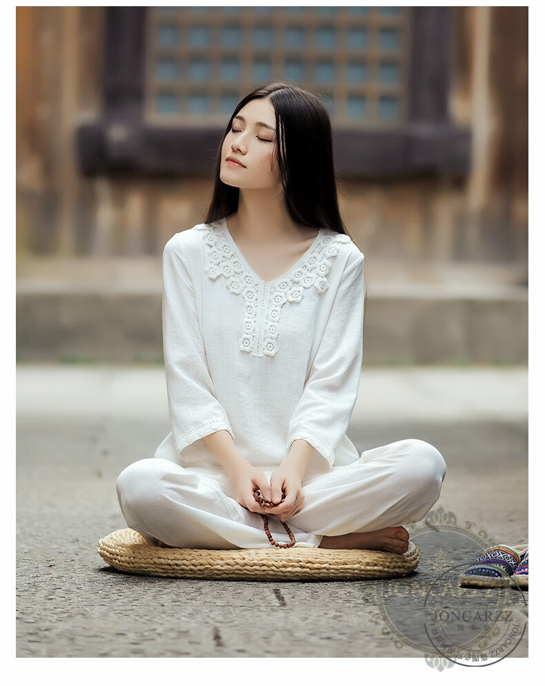 joncarzz禅修居士服女春夏新款长袖花边民族复古风太极服宽松舒适亚麻