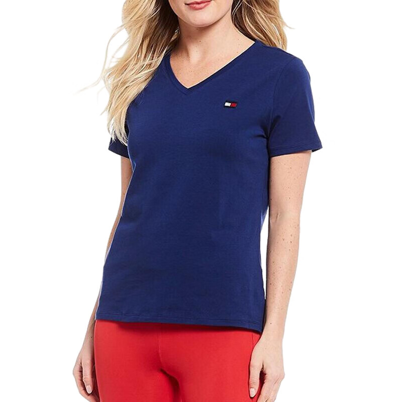 汤米希尔费格tommy hilfiger女装 休闲百搭经典刺绣logo纯色v领短袖