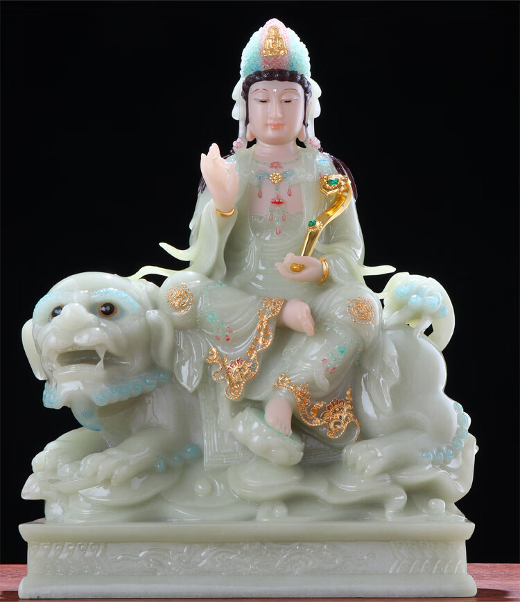 盛凡汉白玉翠玉文殊菩萨摆件供奉文殊普贤佛像本命佛智慧佛普贤守护神