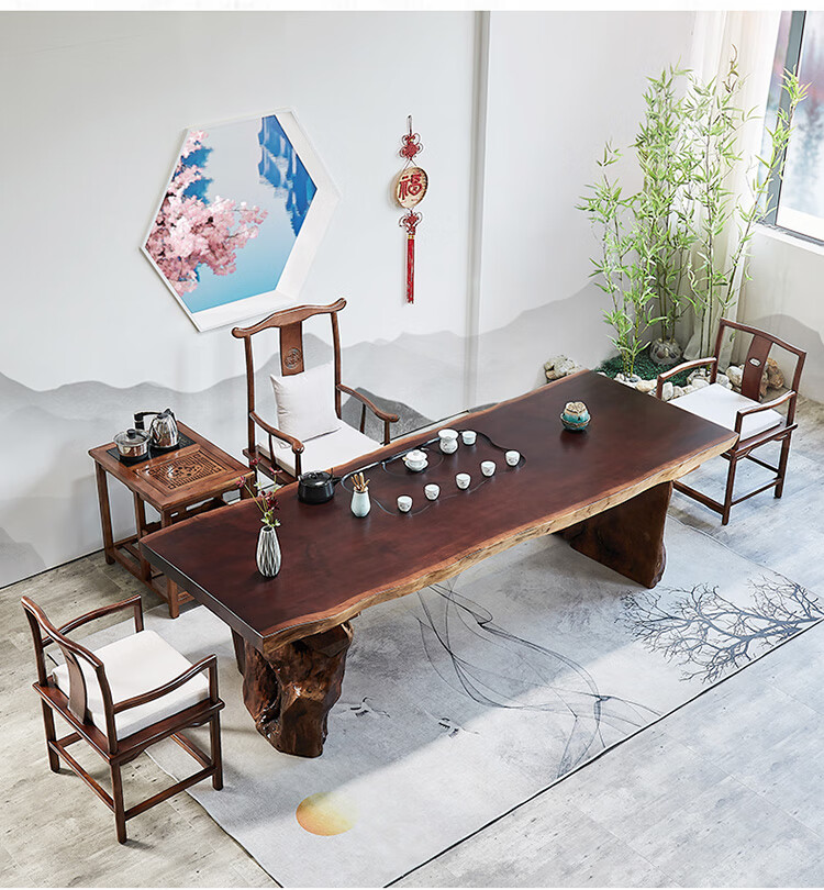 新夫大板茶桌椅组合式茶海带茶盘办公室泡茶1米8实木原木茶台 太师椅