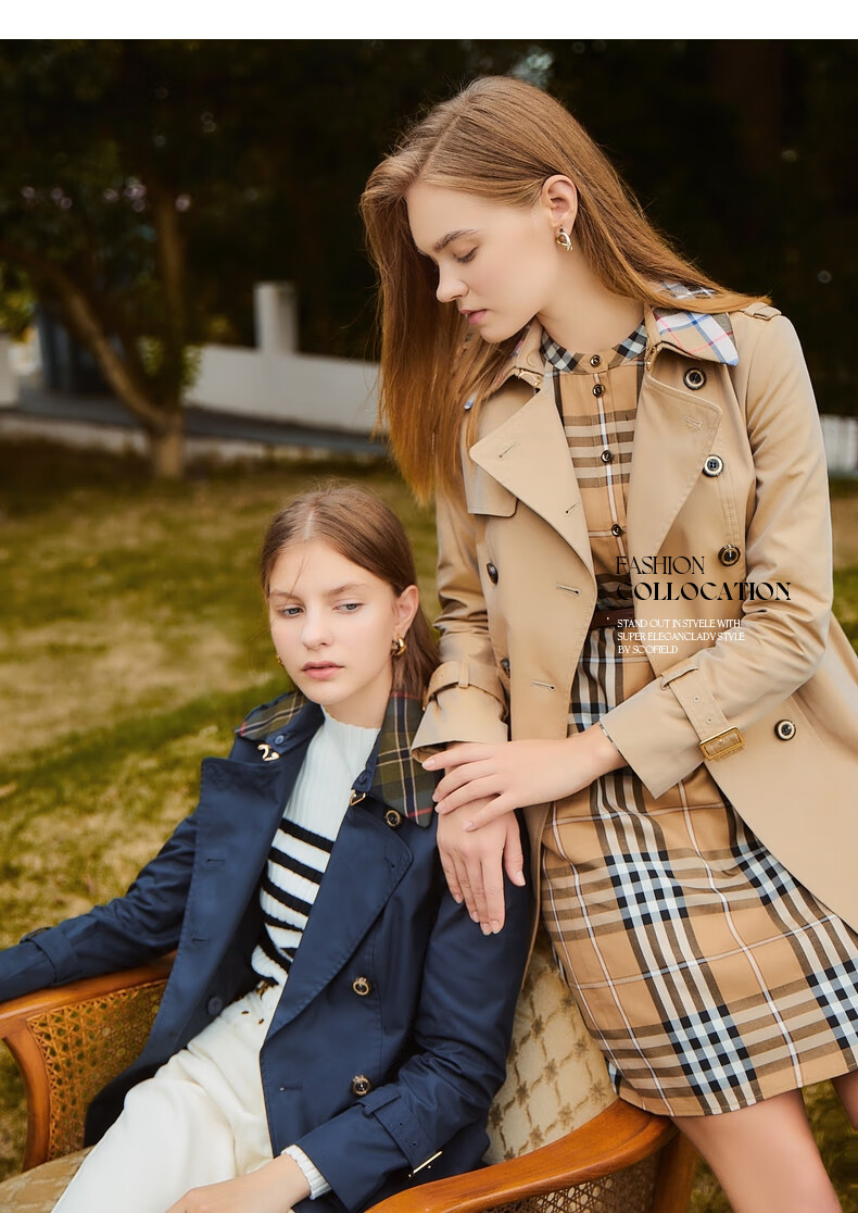 scofield 女装早秋季英伦风拼色翻领双排扣经典短风衣外套女纯色简约