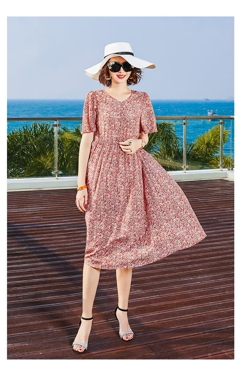 法劳格品牌女装桑蚕丝真丝碎花连衣裙女短袖v领超仙海边度假小碎花