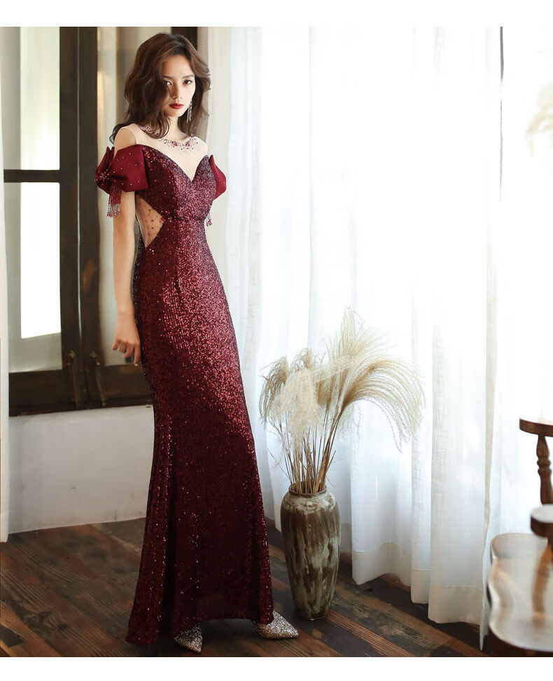 宴会晚礼服裙女鱼尾2020新款气质大气红色长款气场女王主持人高端 酒