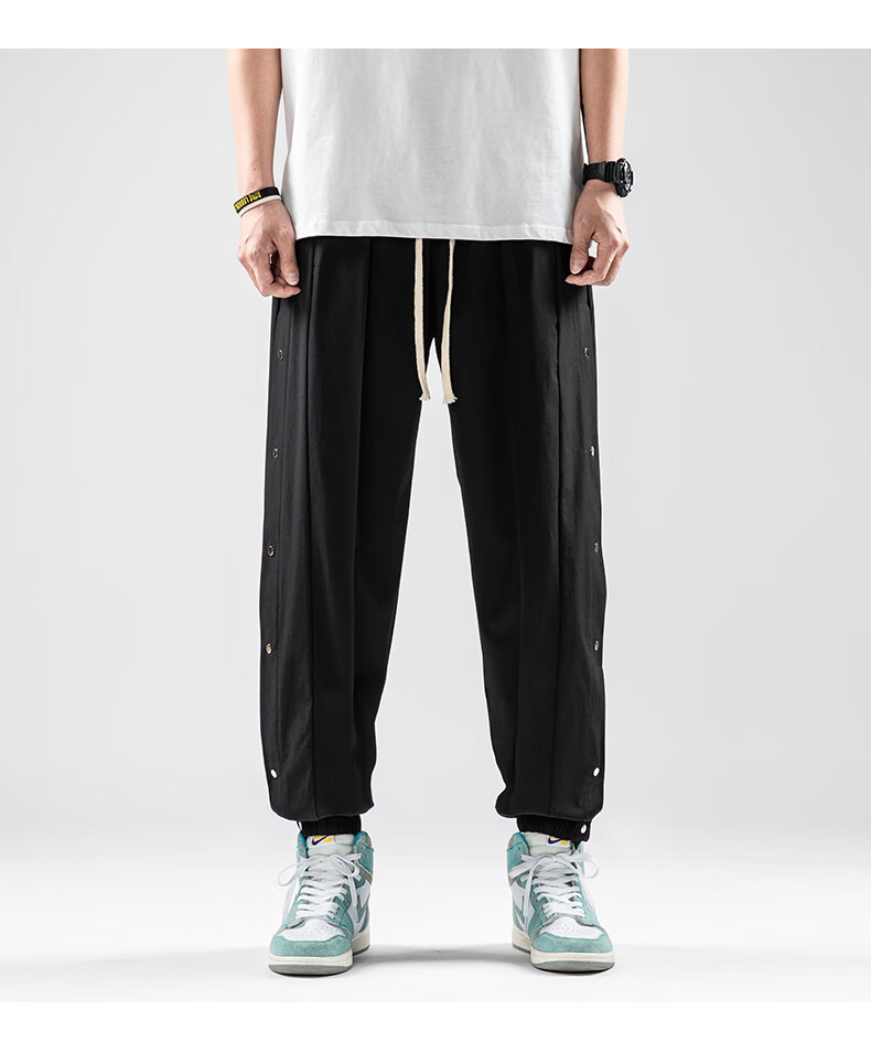 俞兆林品牌欧文同款篮球排扣裤男夏季休闲宽松运动束脚裤潮黑色开扣薄