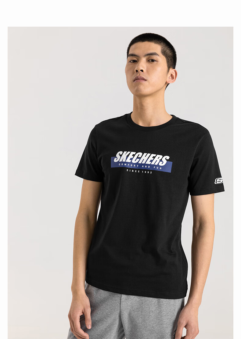 skechers斯凯奇情侣装男子运动时尚t恤字母印花短袖衫smlc219m025