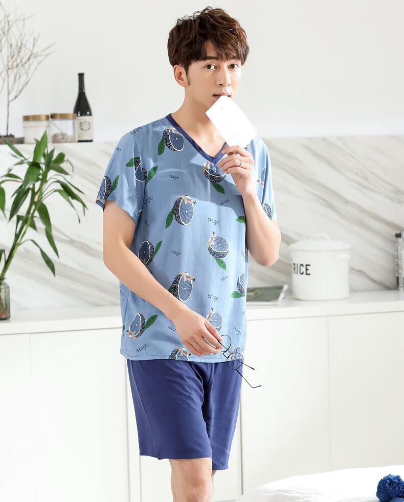 夏季绵绸睡衣男中年男士居家服短袖棉绸薄款学生套装人造棉绸韩版宽松