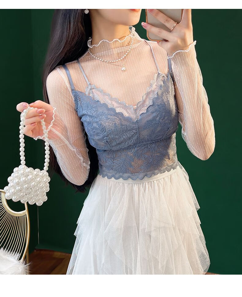 纱衣洋气打底衫高领蕾丝打底衫女春秋时尚洋气内搭薄款透明纱衣镂空