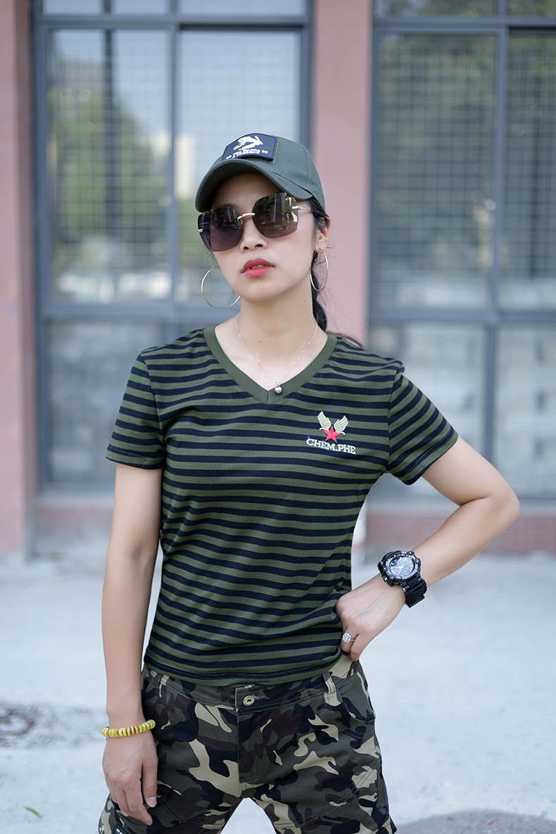 迷彩服套装迷彩短袖夏季女款纯棉薄款t恤透气休闲v领军迷风时尚工作服
