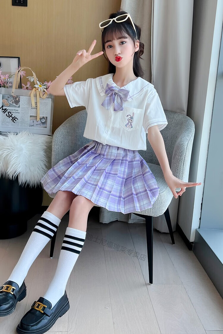 迪士尼童装同款儿童jk套装女孩短裙女大童星黛露衬衫 格子百褶裙夏装