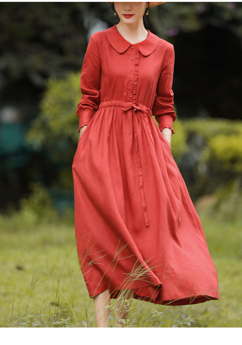 2022秋季新款长袖亚麻连衣裙花边娃娃领大摆裙灯笼袖旅行文艺女装橘