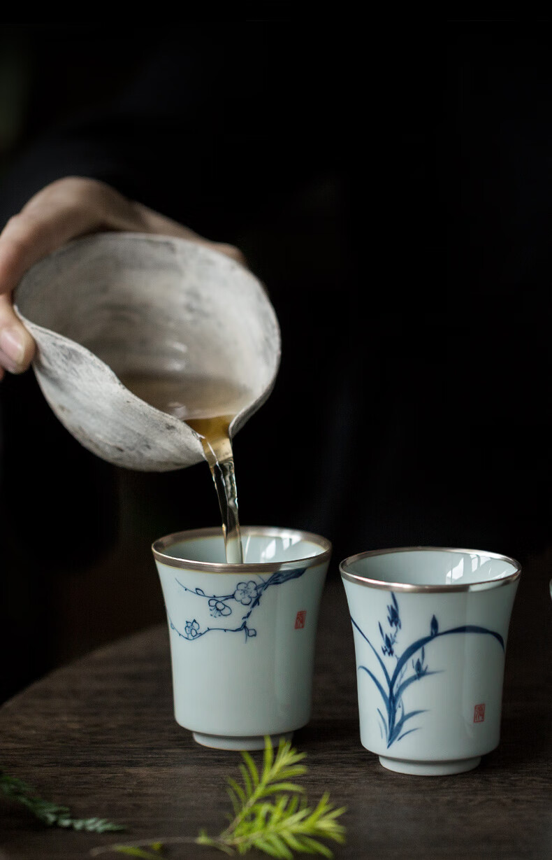 饮致 陶瓷茶杯品茗杯鎏银青花手绘功夫茶具普洱红茶复古主人杯手工单