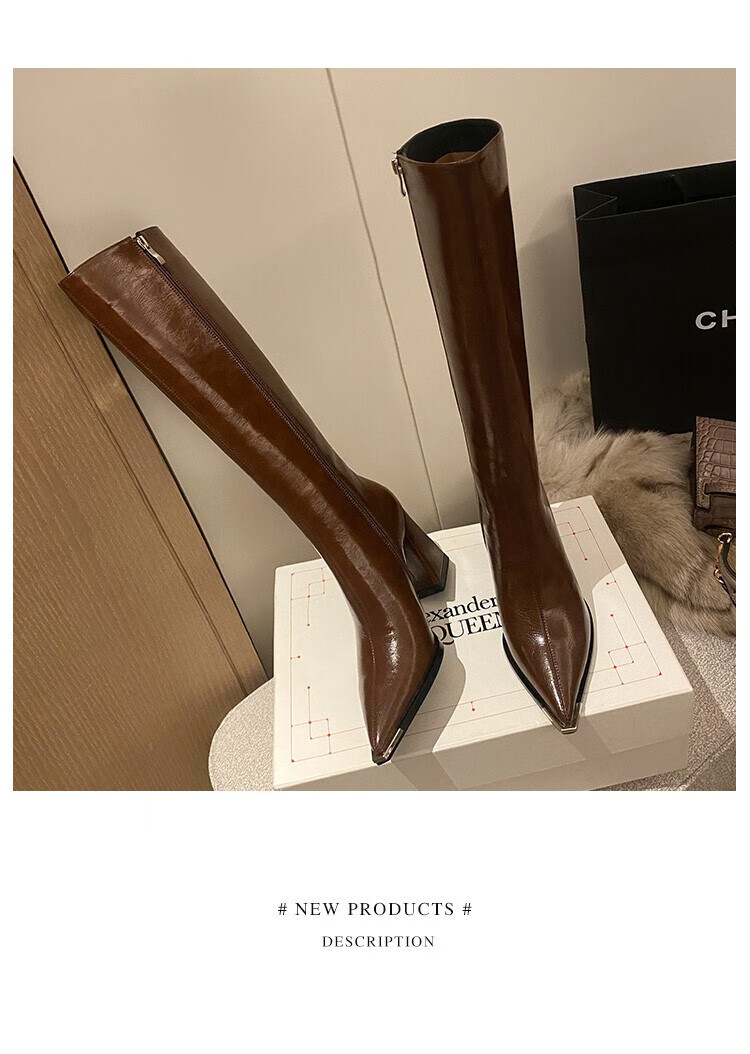 靴女不过膝尖头高跟长靴真皮骑士靴粗跟时尚侧拉链显瘦复古棕色长筒靴