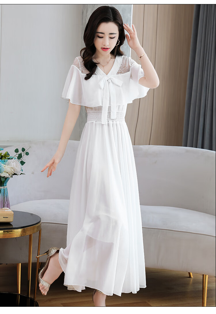 连衣裙白超仙显瘦夏装新款收腰长裙网纱法式复古过膝长裙子女 白色 l