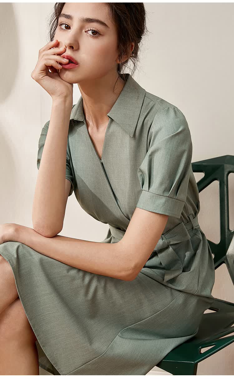 风连衣裙女2020夏季新款轻熟风v领显瘦中长款气质桔梗裙 63196 灰绿色