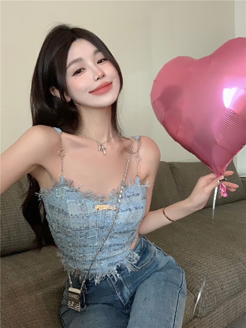 吊带性感外穿少女背心裹胸抹胸蓝色流苏吊带小背心女夏季甜辣妹外搭