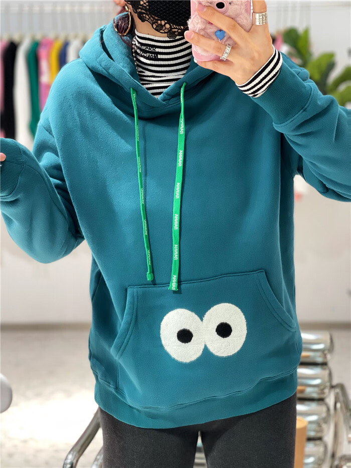 khal纸袋家秋冬毛巾绣加绒连帽兜宽松套头卫衣女2803 黄色 均码【图片