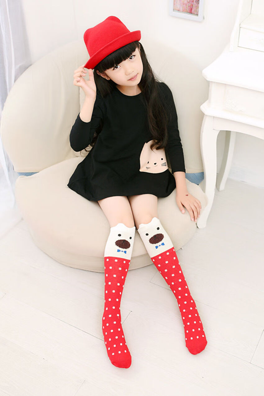 2双装 儿童袜子春秋长筒袜女童中筒袜宝宝过膝袜卡通半截高童袜 灰色