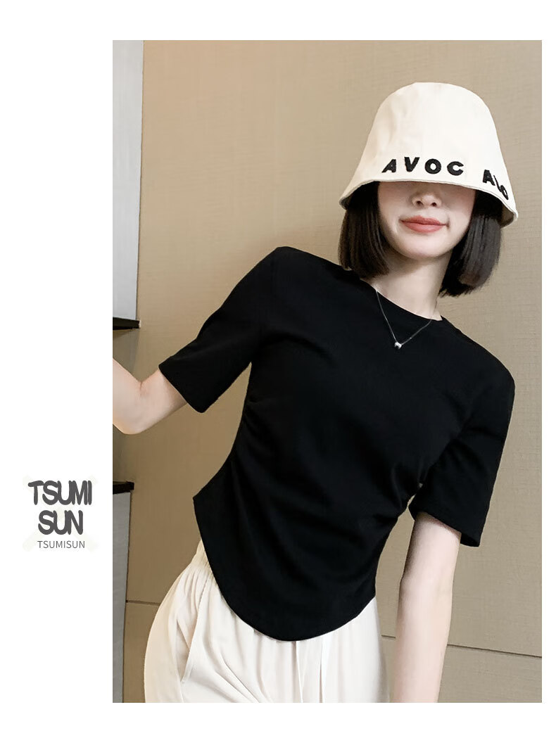 白色短袖t恤女夏季新款ins潮设计感短款正肩圆领上衣黑色垫肩短袖s