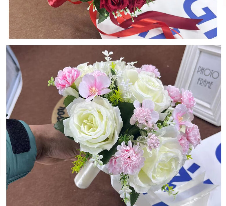 婚礼新娘捧花拍照道具婚礼领证仿真婚纱照永生花束丝带diy手捧花新娘