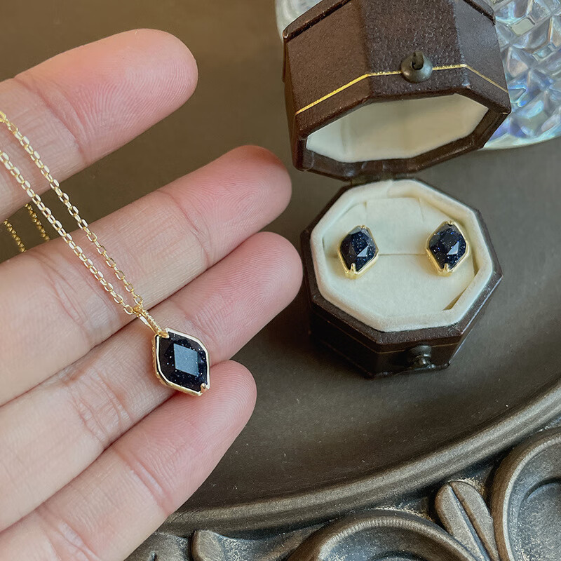 s925银镀金 紫金石 夜星空 梯形 项链 吊坠 耳钉 套装 紫金石项 