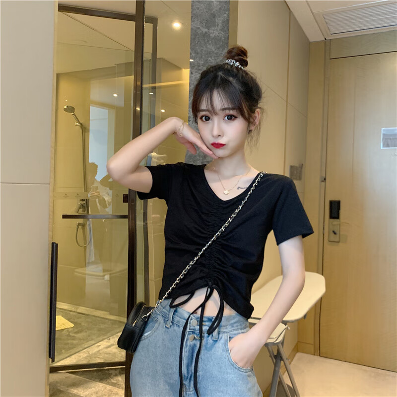 短袖t恤女情侣装夏天夏2022新款抽绳设计感泫雅风紧身短款上衣ins潮深