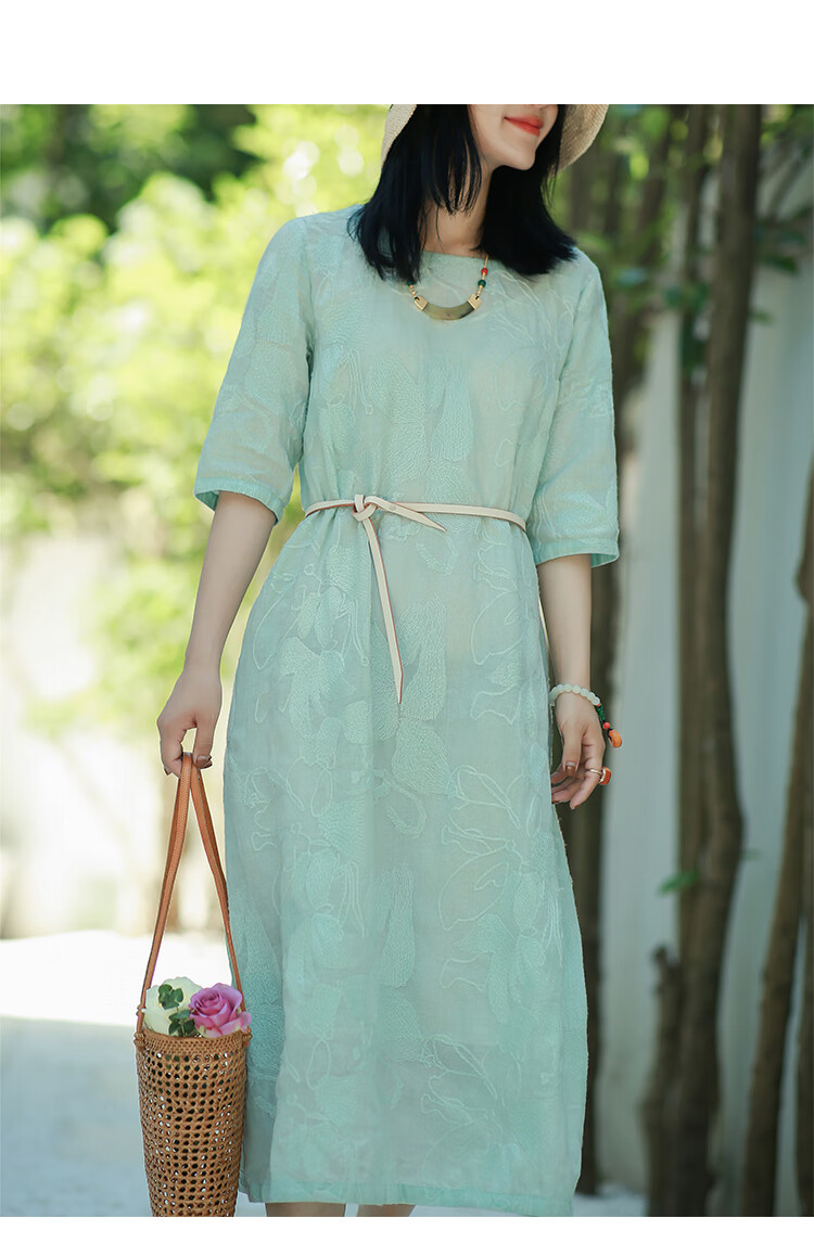 高端轻奢文艺原创棉麻女装2020夏季新款苎麻刺绣雅致花型连衣裙 水绿
