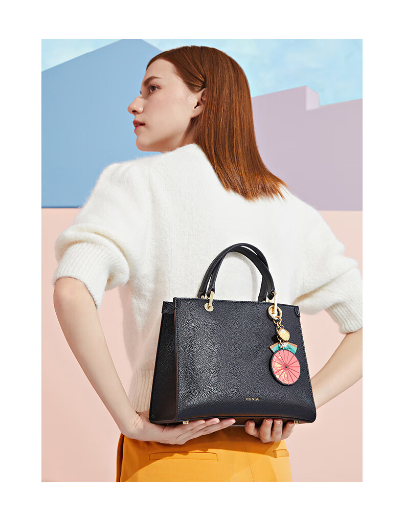 hongu红谷单肩包包女2020新品气质复古手提包牛皮大容量手拎包漆黑