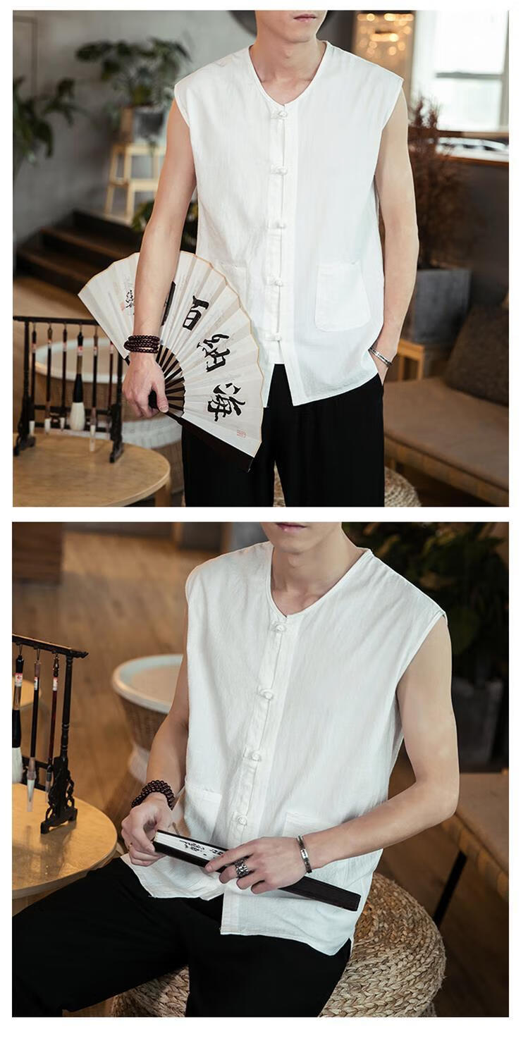 啄木鸟夏季盘扣棉麻背心男唐装汉服汗衫青年无袖t恤休闲坎肩男士男式