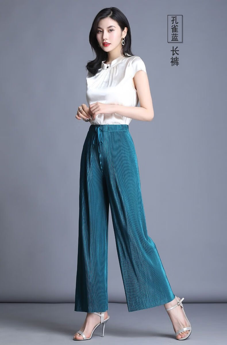 七分九分长裤2022夏季新品冰丝缎面大码宽松百褶阔腿女裤子d黑色七分s