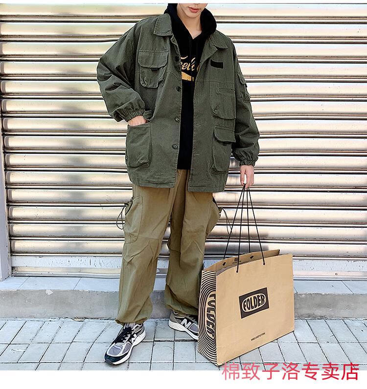 口袋法式工装外套男春秋季宽松潮牌余文乐翻领情侣夹克上衣g530灰色s