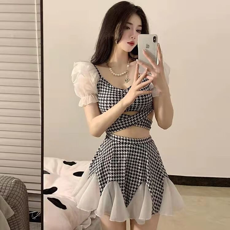 【商场同款】朵彩小个子泳衣jk制服全套格子遮肉分体黑丝韩版外搭温泉