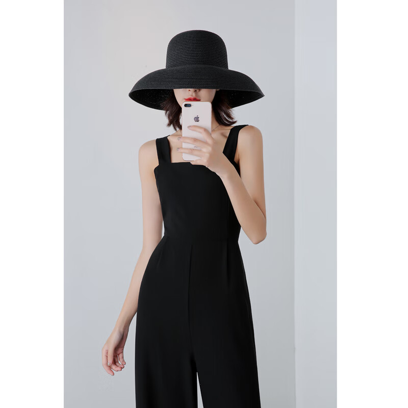 简约吊带连衣裤夏度假小个子高腰显瘦垂感红色连体裤女 黑色 w237 m