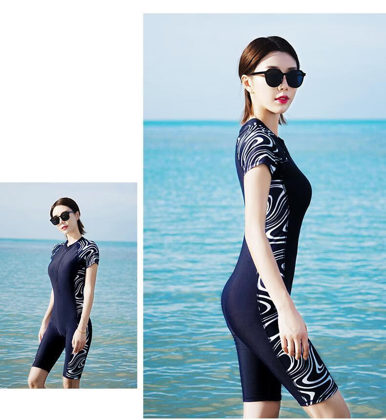 泳衣女保守连体短袖平角裤性感遮肚显瘦训练运动加大码女泳装斑马款