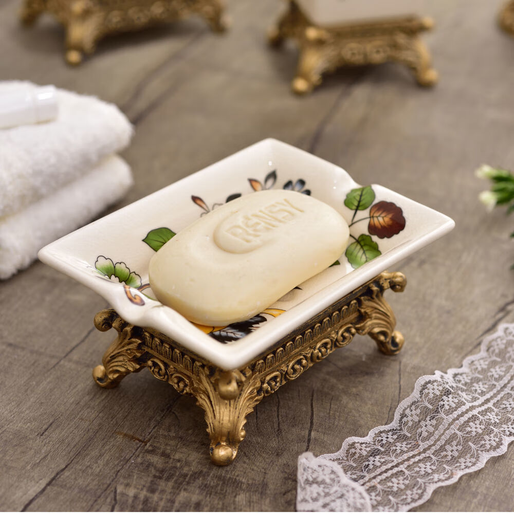 欧式复古陶瓷香皂盒创意家居肥皂盒高档冰裂瓷皂托皂碟金麋鹿底座