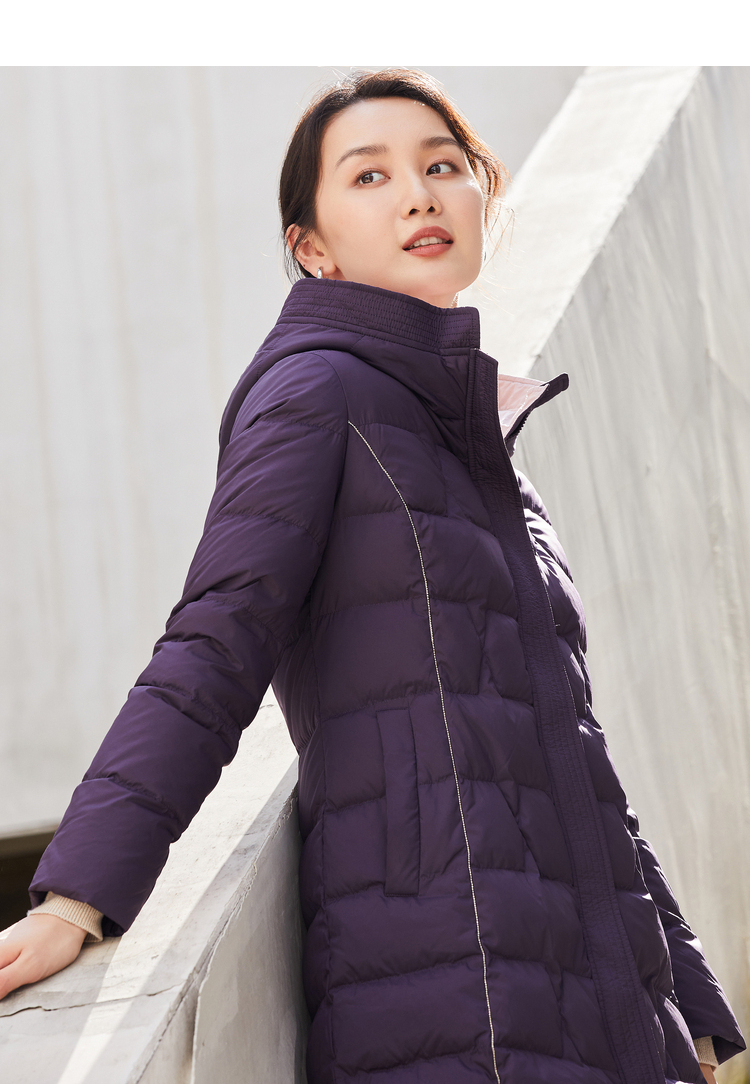 零压鹅绒娜尔思紫色连帽中长款羽绒服女年冬新款保暖外套暗紫色42xl