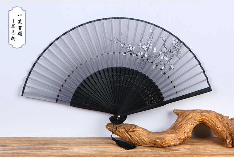 礼品女式折扇夏季日式樱花扇子古风绢扇丝绸布扇牡丹扇梅花 一笑白梅