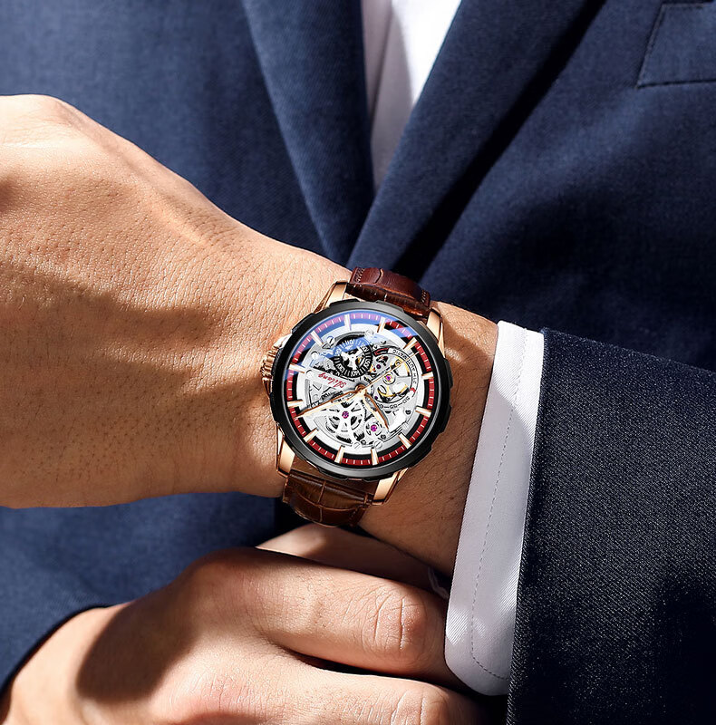 运动男表时尚镂空自动抖音直播男士手表 al-8650b银壳篮圈黑皮【图片