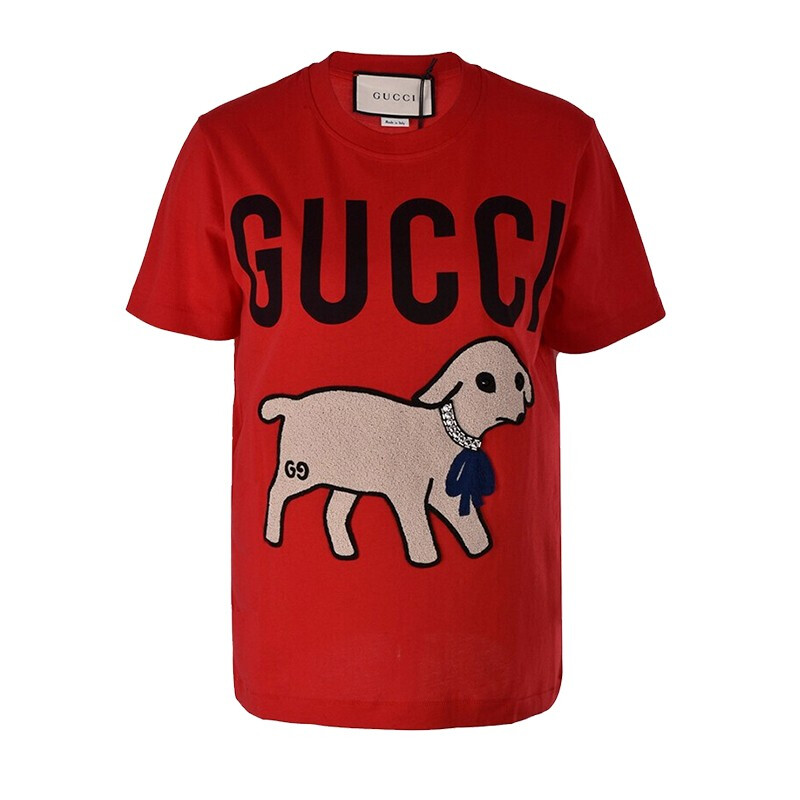 gucci/古驰女装 新款 女士小狗图案圆领短袖t恤580762 jbsx 6671 红色