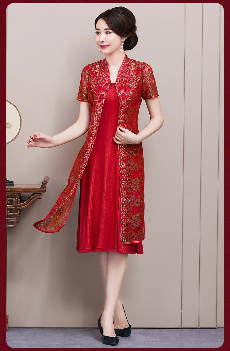 高档时尚婚礼服妈妈装两件套新娘婚礼蕾丝连衣裙套夏季高端喜婆婆婚宴