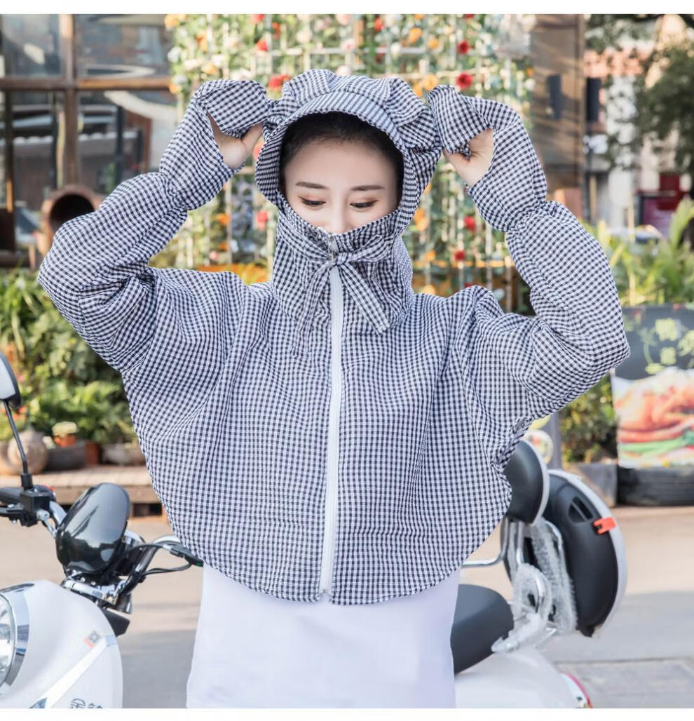 赵小熊新品防晒帽防晒防晒衣女夏短款防晒服开车帽子护颈条纹帽清新绿