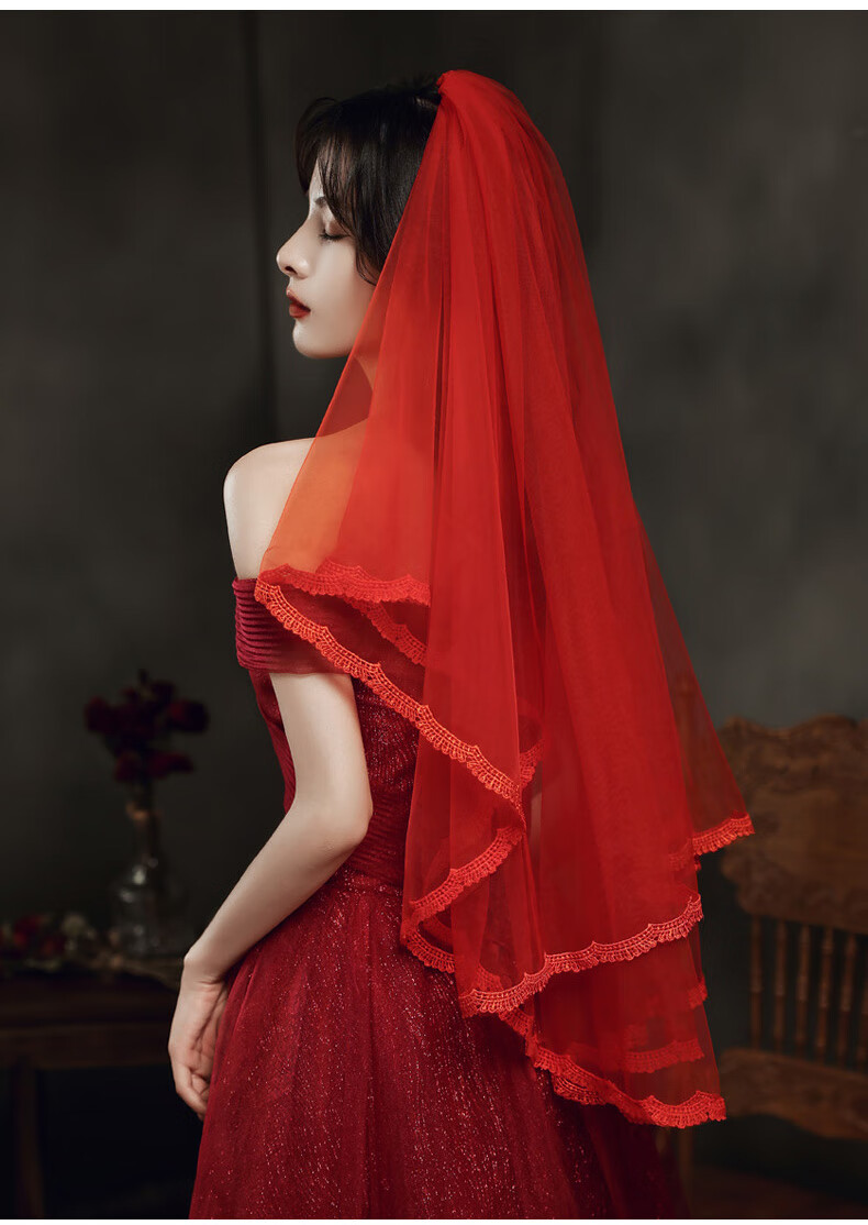 珍韵缘红色头纱新娘主婚纱长款秀禾服红盖头结婚短款蕾丝中式复古风