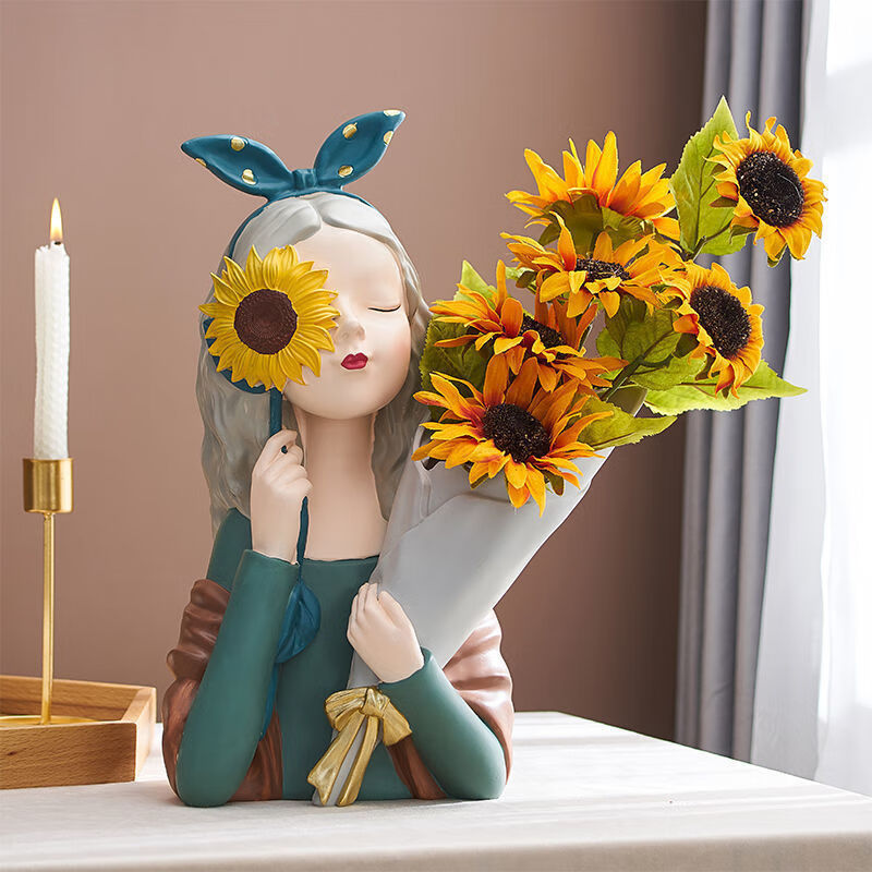 欧米恩北欧轻奢少女抱花花瓶摆件客厅电视柜插花结婚礼物家居装饰黄色
