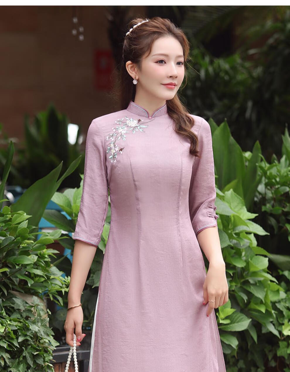 秀观唐玉姬2020秋季新款改良绣花中式奥黛优雅a摆中国风旗袍裙 青绿色