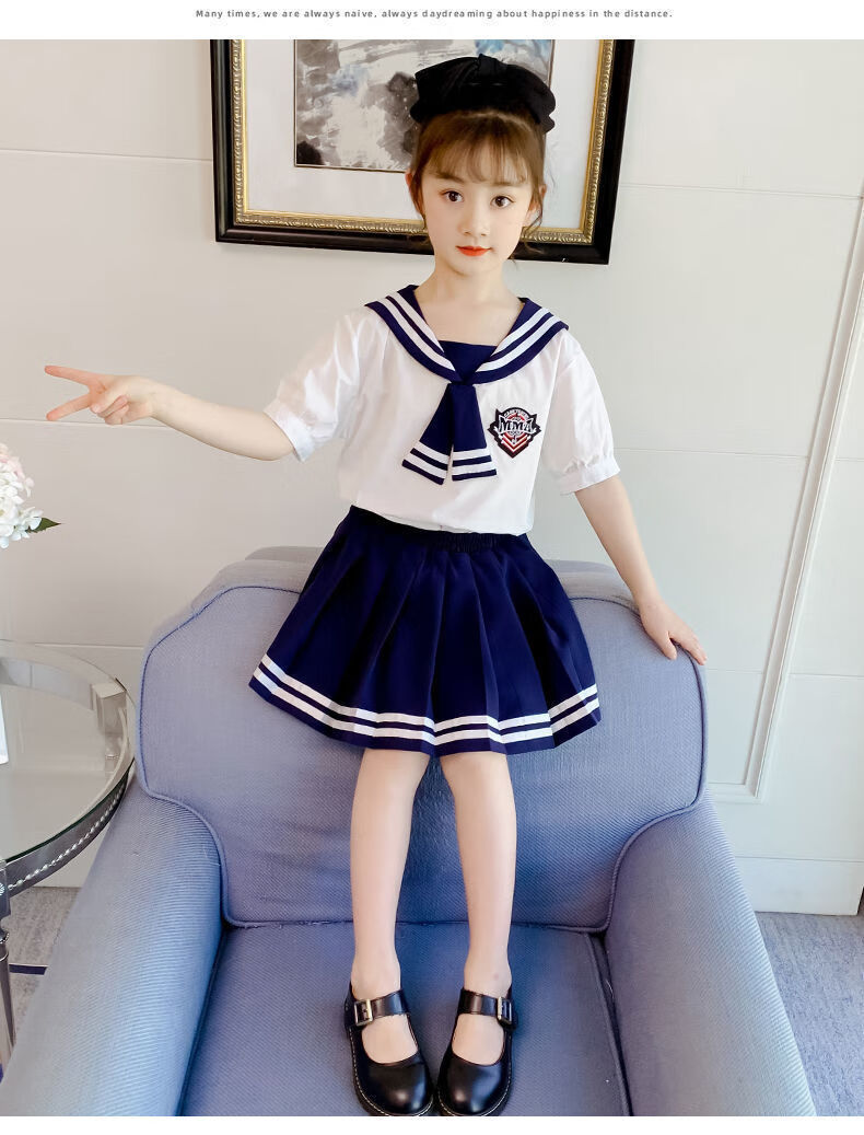迪士尼新品女童夏装连衣裙新款水手领学院风套装裙洋气儿童女jk水手服