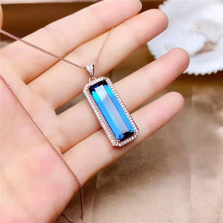 长方形伦敦蓝托帕石吊坠戒指项链男女925蓝宝石碧玺套装 (小)蓝托帕石